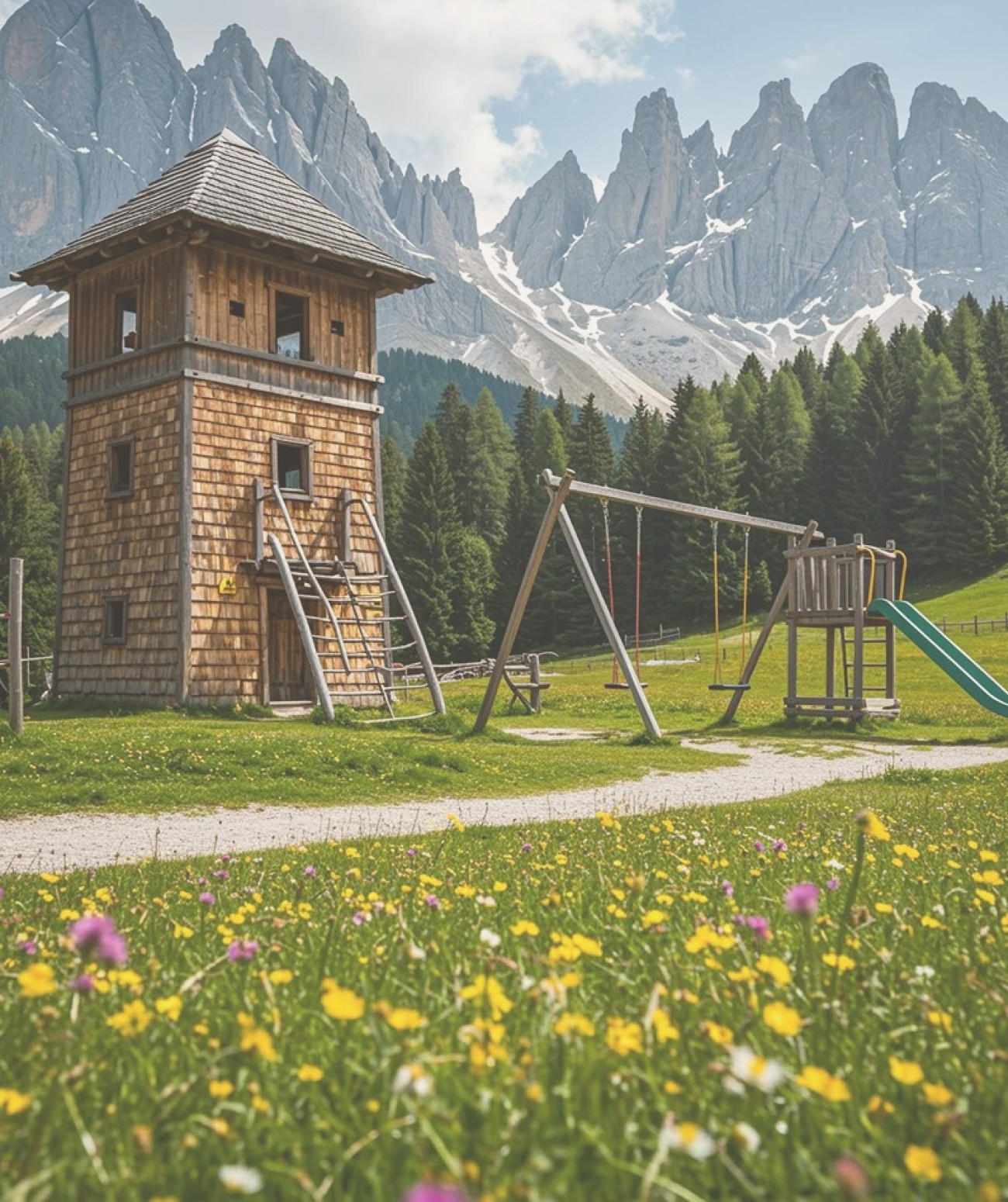 Holzspielplatz mit Rutsche vor Alpenkulisse und bl&uuml;hender Wiese im Vordergrund. &copy;Shutterstock