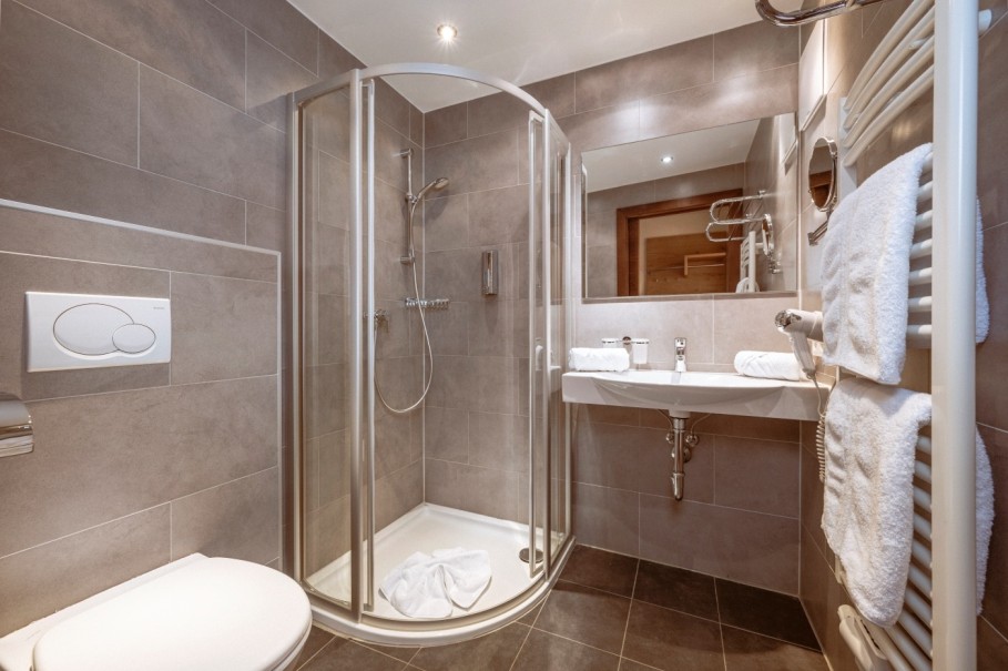 Modernes Badezimmer mit Duschkabine, Toilette und Waschbecken, schlicht in Grau gestaltet im Bachschmied.